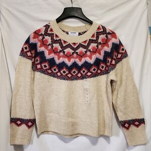 Old Navy Women's Beige and Red Patterned Sweater